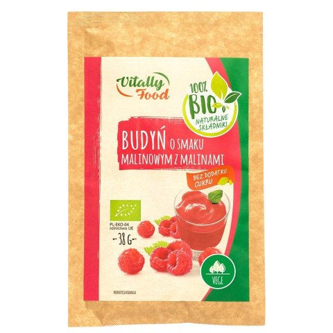 Budyń o smaku malinowym z malinami bez dodatku cukru Vitally Food BIO, 38g Budyń o smaku malinowym z malinami bez dodatku cukru Vitally Food BIO, 38g