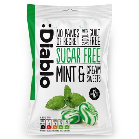 Cukierki śmietankowe o smaku miętowym bez cukru Diablo, 75g Cukierki śmietankowe o smaku miętowym bez cukru Diablo, 75g