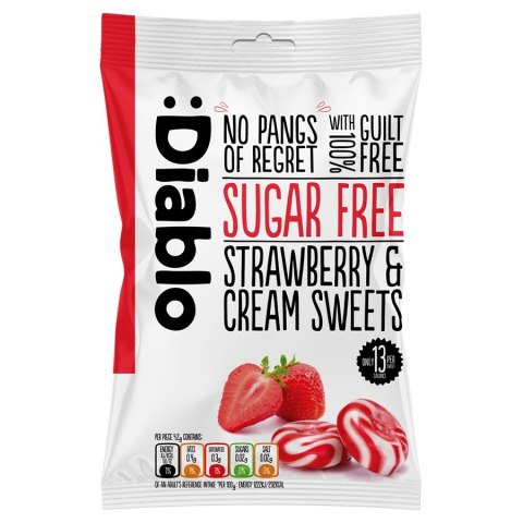 Cukierki śmietankowe o smaku truskawki bez cukru Diablo, 75g Cukierki śmietankowe o smaku truskawki bez cukru Diablo, 75g