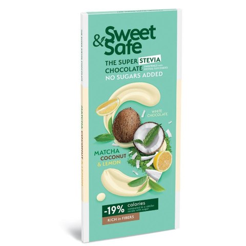 Czekolada biała - matcha, kokos i cytryna, słodzona stewią i erytrytolem Sweet&Safe, 90g Czekolada biała - matcha, kokos i cytryna, słodzona stewią i erytrytolem Sweet&Safe, 90g