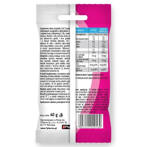 Drażetki o smaku malinowym na gardło LILY Candy, 40g Drażetki o smaku malinowym na gardło LILY Candy, 40g