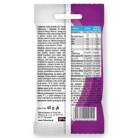 Drażetki o smaku malinowym z zestawem 10 witamin LILY Candy, 40g Drażetki o smaku malinowym z zestawem 10 witamin LILY Candy, 40g