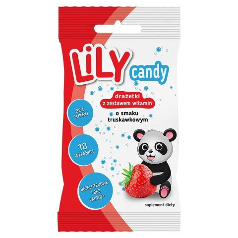 Drażetki o smaku truskawkowym z zestawem 10 witamin LILY Candy, 40g Drażetki o smaku truskawkowym z zestawem 10 witamin LILY Candy, 40g