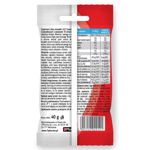 Drażetki o smaku truskawkowym z zestawem 10 witamin LILY Candy, 40g Drażetki o smaku truskawkowym z zestawem 10 witamin LILY Candy, 40g