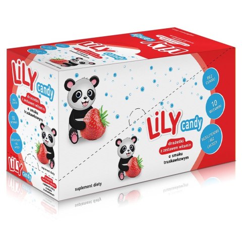 Drażetki o smaku truskawkowym z zestawem 10 witamin LILY Candy, 40g Drażetki o smaku truskawkowym z zestawem 10 witamin LILY Candy, 40g