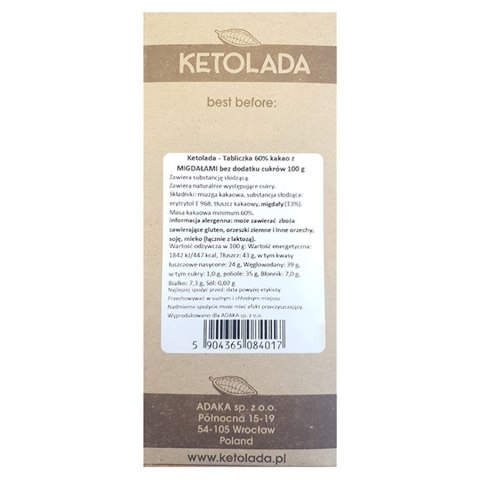 KETOLADA - czekolada z migdałami słodzona erytrytolem bez dodatku cukru, 100g KETOLADA - czekolada z migdałami słodzona erytrytolem bez dodatku cukru, 100g