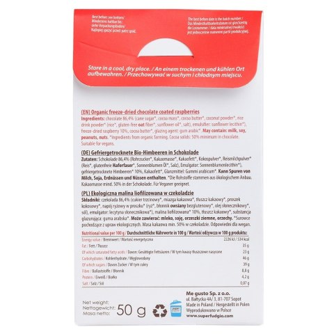 Malina liofilizowana w czekoladzie bezglutenowa Super Fudgio BIO, 50g Malina liofilizowana w czekoladzie bezglutenowa Super Fudgio BIO, 50g