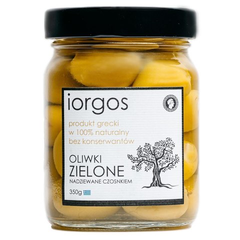 Oliwki zielone PREMIUM - z czosnkiem IORGOS, 350g Oliwki zielone PREMIUM - z czosnkiem IORGOS, 350g