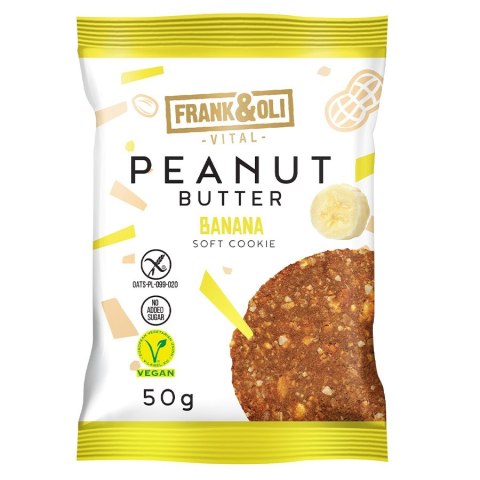 Wegańskie bezglutenowe ciasteczko z pastą orzechową i bananem suszonym Frank&Oli, 50g Wegańskie bezglutenowe ciasteczko z pastą orzechową i bananem suszonym Frank&Oli, 50g