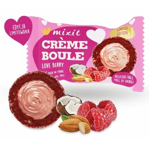 Kulki daktylowe z liofilizowanymi owocami wypełnione kremem migdałowym "Creme Boule - Love Berry" Mixit, 30g Kulki daktylowe z liofilizowanymi owocami wypełnione kremem migdałowym "Creme Boule - Love Berry" Mixit, 30g