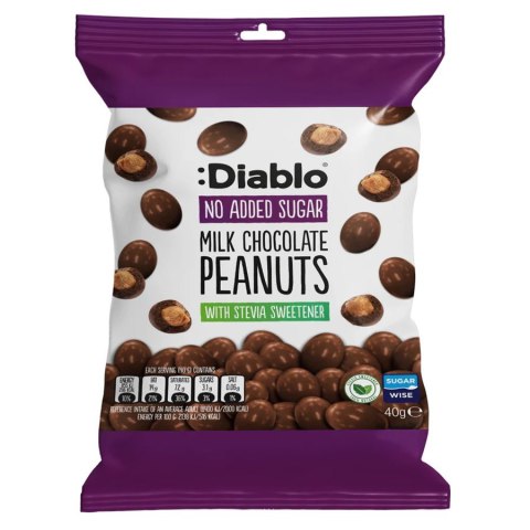 Orzeszki w mlecznej czekoladzie bez dodatku cukru Diablo, 40g Orzeszki w mlecznej czekoladzie bez dodatku cukru Diablo, 40g
