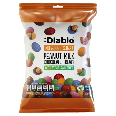 Orzeszki w mlecznej czekoladzie w kolorowej polewie bez dodatku cukru Diablo, 40g Orzeszki w mlecznej czekoladzie w kolorowej polewie bez dodatku cukru Diablo, 40g