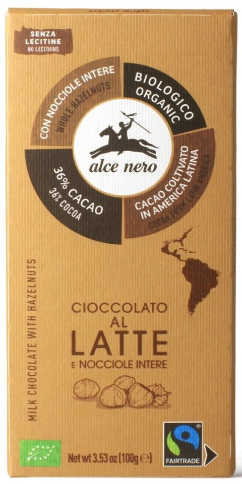 CZEKOLADA MLECZNA Z CAŁYMI ORZECHAMI LASKOWYMI FAIR TRADE BIO 100 g - ALCE NERO CZEKOLADA MLECZNA Z CAŁYMI ORZECHAMI LASKOWYMI FAIR TRADE BIO 100 g - ALCE NERO