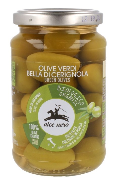 OLIWKI ZIELONE BELLA DI CERIGNOLA Z PESTKĄ W ZALEWIE BIO 350 g (180 g) - ALCE NERO OLIWKI ZIELONE BELLA DI CERIGNOLA Z PESTKĄ W ZALEWIE BIO 350 g (180 g) - ALCE NERO