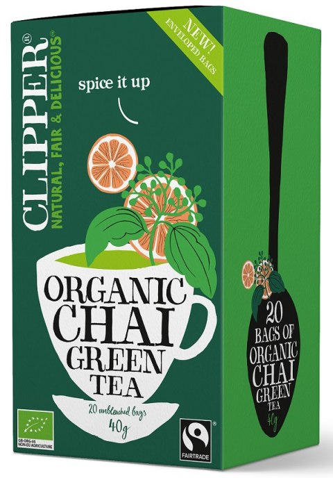 HERBATA ZIELONA CHAI Z CYNAMONEM I KARDAMONEM FAIR TRADE BIO (20 x 2 g) 40 g - CLIPPER HERBATA ZIELONA CHAI Z CYNAMONEM I KARDAMONEM FAIR TRADE BIO (20 x 2 g) 40 g - CLIPPER