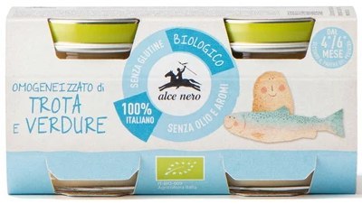 MIĘSO PSTRĄGA Z WARZYWAMI BEZGLUTENOWE OD 4 MIESIĄCA BIO (2 x 80 g) 160 g - ALCE NERO MIĘSO PSTRĄGA Z WARZYWAMI BEZGLUTENOWE OD 4 MIESIĄCA BIO (2 x 80 g) 160 g - ALCE NERO