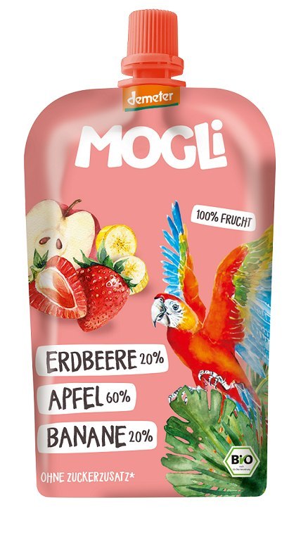 MUS JABŁKO - BANAN - TRUSKAWKA BEZ DODATKU CUKRÓW DEMETER BIO 120 g - MOGLI MUS JABŁKO - BANAN - TRUSKAWKA BEZ DODATKU CUKRÓW DEMETER BIO 120 g - MOGLI