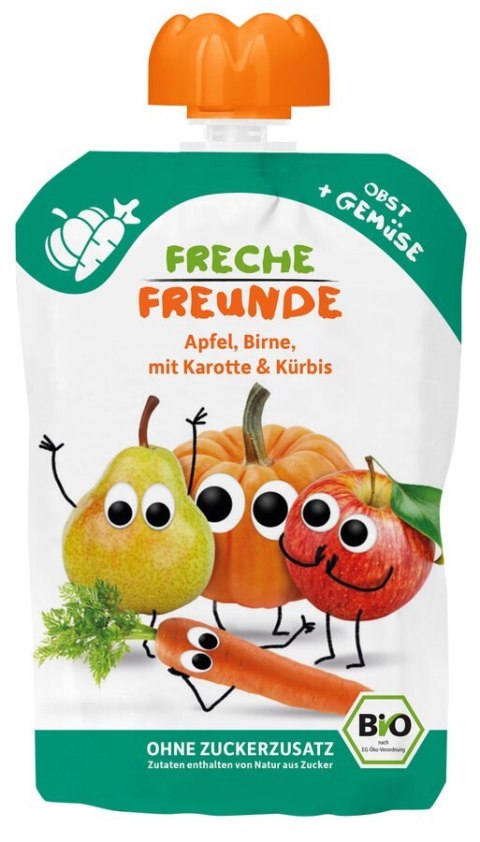 MUS JABŁKO - GRUSZKA - MARCHEW - DYNIA BEZ DODATKU CUKRÓW BEZGLUTENOWY OD 6 MIESIĄCA BIO 100 g - FRECHE FREUNDE MUS JABŁKO - GRUSZKA - MARCHEW - DYNIA BEZ DODATKU CUKRÓW BEZGLUTENOWY OD 6 MIESIĄCA BIO 100 g - FRECHE FREUNDE