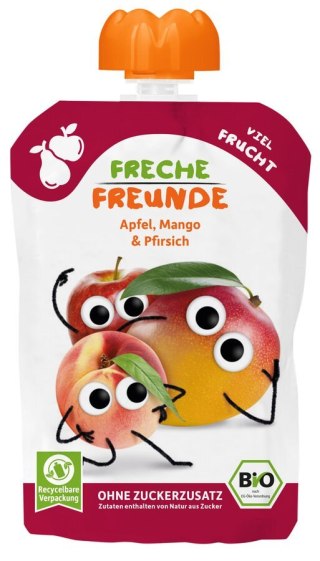 MUS JABŁKO - MANGO - BRZOSKWINIA BEZ DODATKU CUKRÓW BEZGLUTENOWY OD 6 MIESIĄCA BIO 100 g - FRECHE FREUNDE
