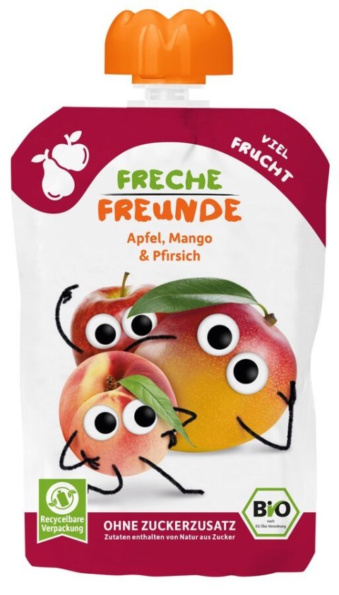MUS JABŁKO - MANGO - BRZOSKWINIA BEZ DODATKU CUKRÓW BEZGLUTENOWY OD 6 MIESIĄCA BIO 100 g - FRECHE FREUNDE MUS JABŁKO - MANGO - BRZOSKWINIA BEZ DODATKU CUKRÓW BEZGLUTENOWY OD 6 MIESIĄCA BIO 100 g - FRECHE FREUNDE