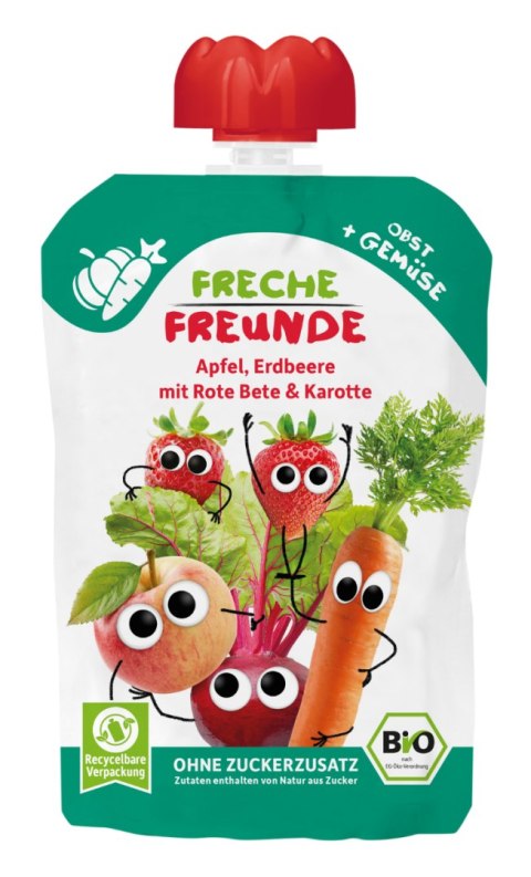 MUS JABŁKO - TRUSKAWKA - BURAK - MARCHEW BEZ DODATKU CUKRÓW BEZGLUTENOWY OD 8 MIESIĄCA BIO 100 g - FRECHE FREUNDE MUS JABŁKO - TRUSKAWKA - BURAK - MARCHEW BEZ DODATKU CUKRÓW BEZGLUTENOWY OD 8 MIESIĄCA BIO 100 g - FRECHE FREUNDE