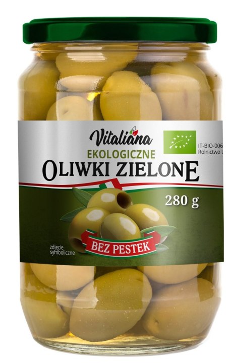 OLIWKI ZIELONE BEZ PESTEK W ZALEWIE BIO 280 g (150 g)- VITALIANA OLIWKI ZIELONE BEZ PESTEK W ZALEWIE BIO 280 g (150 g)- VITALIANA