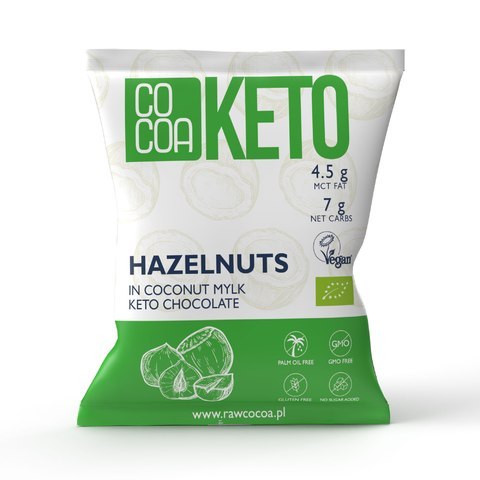 ORZECHY LASKOWE W CZEKOLADZIE KETO Z OLEJEM MCT BEZ DODATKU CUKRÓW BEZGLUTENOWE BIO 70 g - COCOA ORZECHY LASKOWE W CZEKOLADZIE KETO Z OLEJEM MCT BEZ DODATKU CUKRÓW BEZGLUTENOWE BIO 70 g - COCOA
