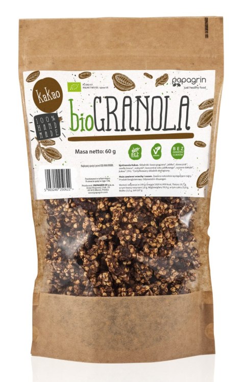 GRANOLA Z KAKAO BEZ DODATKU CUKRÓW BEZGLUTENOWA BIO 60 g - PAPAGRIN GRANOLA Z KAKAO BEZ DODATKU CUKRÓW BEZGLUTENOWA BIO 60 g - PAPAGRIN