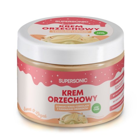KREM ORZECHOWY O SMAKU BIAŁEJ CZEKOLADY Z CHRUPIĄCYMI KAWAŁKAMI ORZESZKÓW BEZ DODATKU CUKRÓW 250 g - SUPERSONIC KREM ORZECHOWY O SMAKU BIAŁEJ CZEKOLADY Z CHRUPIĄCYMI KAWAŁKAMI ORZESZKÓW BEZ DODATKU CUKRÓW 250 g - SUPERSONIC