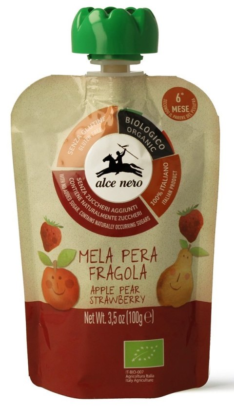 MUS JABŁKO - GRUSZKA - TRUSKAWKA BEZ DODATKU CUKRÓW BEZGLUTENOWY OD 6 MIESIĄCA BIO 100 g - ALCE NERO MUS JABŁKO - GRUSZKA - TRUSKAWKA BEZ DODATKU CUKRÓW BEZGLUTENOWY OD 6 MIESIĄCA BIO 100 g - ALCE NERO