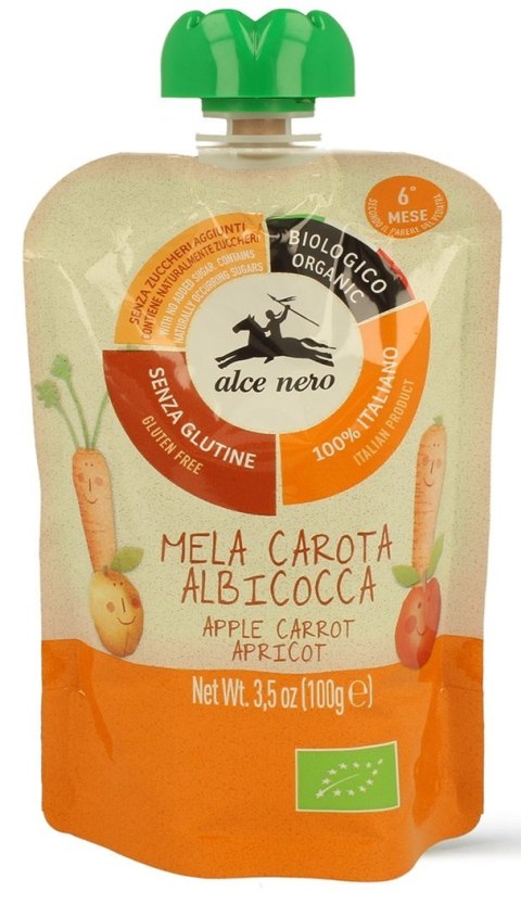 MUS JABŁKO - MARCHEW - MORELA BEZ DODATKU CUKRÓW BEZGLUTENOWY OD 6 MIESIĄCA BIO 100 g - ALCE NERO MUS JABŁKO - MARCHEW - MORELA BEZ DODATKU CUKRÓW BEZGLUTENOWY OD 6 MIESIĄCA BIO 100 g - ALCE NERO