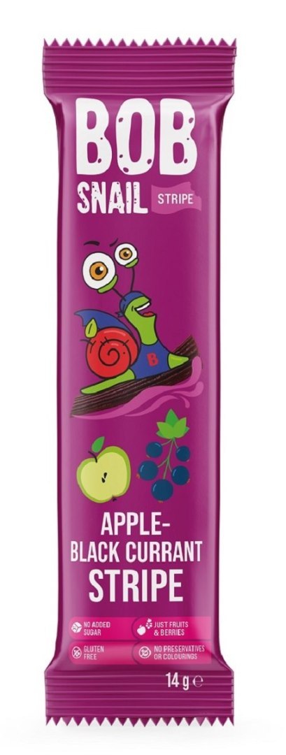 PRZEKĄSKA STRIPE JABŁKO - CZARNA PORZECZKA BEZ DODATKU CUKRÓW BEZGLUTENOWA 14 g - BOB SNAIL PRZEKĄSKA STRIPE JABŁKO - CZARNA PORZECZKA BEZ DODATKU CUKRÓW BEZGLUTENOWA 14 g - BOB SNAIL