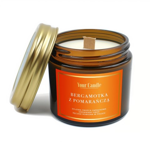 ŚWIECA SOJOWA ZAPACHOWA Z DREWNIANYM KNOTEM BERGAMOTKA Z POMARAŃCZĄ 120 ml - YOUR CANDLE ŚWIECA SOJOWA ZAPACHOWA Z DREWNIANYM KNOTEM BERGAMOTKA Z POMARAŃCZĄ 120 ml - YOUR CANDLE