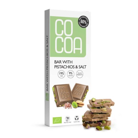 TABLICZKA Z PISTACJAMI I SOLĄ 60 % MNIEJ CUKRU BIO 40 g - COCOA TABLICZKA Z PISTACJAMI I SOLĄ 60 % MNIEJ CUKRU BIO 40 g - COCOA