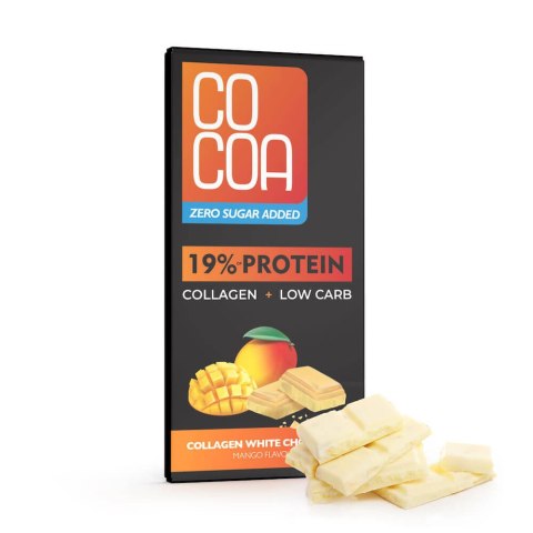 CZEKOLADA BIAŁA PROTEINOWA MANGO Z KOLAGENEM BEZ DODATKU CUKRÓW 65 g - COCOA CZEKOLADA BIAŁA PROTEINOWA MANGO Z KOLAGENEM BEZ DODATKU CUKRÓW 65 g - COCOA