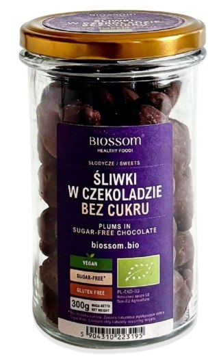 ŚLIWKI KALIFORNIJSKIE W CZEKOLADZIE BEZ DODATKU CUKRÓW BEZGLUTENOWE BIO 300 g - BIOSSOM