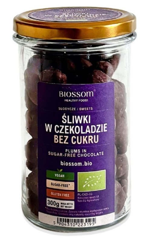 ŚLIWKI KALIFORNIJSKIE W CZEKOLADZIE BEZ DODATKU CUKRÓW BEZGLUTENOWE BIO 300 g - BIOSSOM