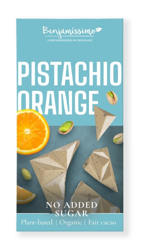 TABLICZKA KAKAOWA PISTACJE - POMARAŃCZA BEZ DODATKU CUKRÓW BEZGLUTENOWA BIO 60 g - BENJAMISSIMO TABLICZKA KAKAOWA PISTACJE - POMARAŃCZA BEZ DODATKU CUKRÓW BEZGLUTENOWA BIO 60 g - BENJAMISSIMO
