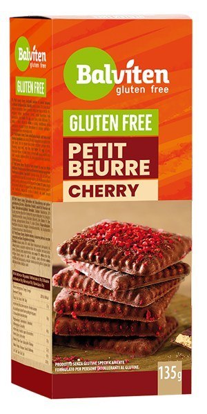 HERBATNIKI PETIT BEURRE W POLEWIE KAKAOWEJ Z WIŚNIAMI LIOFILIZOWANYMI BEZGLUTENOWE 135 g - BALVITEN HERBATNIKI PETIT BEURRE W POLEWIE KAKAOWEJ Z WIŚNIAMI LIOFILIZOWANYMI BEZGLUTENOWE 135 g - BALVITEN