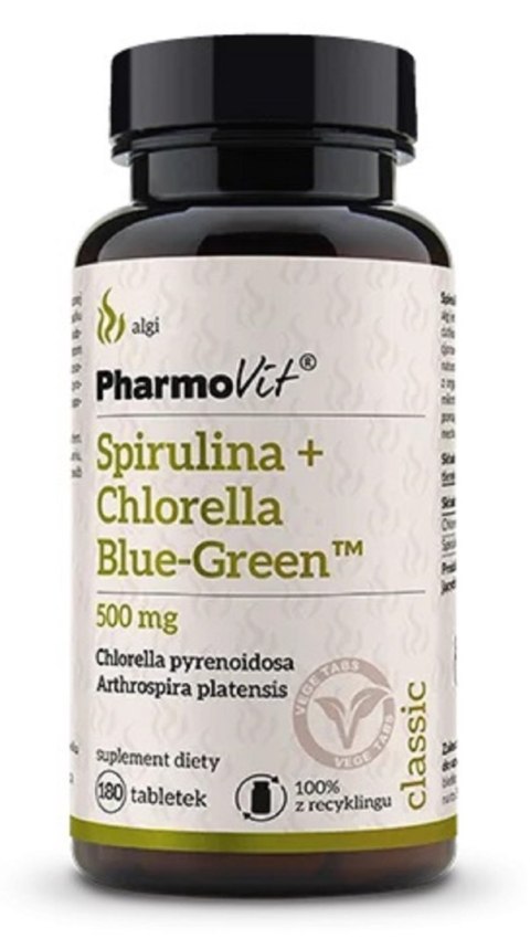 SPIRULINA + CHLORELLA BLUE-GREEN (500 mg) BEZGLUTENOWA 180 TABLETEK - PHARMOVIT (CLASSIC)